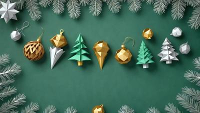 The primary subject of the image is a collection of Christmas ornaments. These ornaments are displayed on a green background, which adds a festive touch to the scene. The ornaments come in various shapes and sizes, including a gold star, a gold tree, and a gold ball. The visual style of the image is a combination of photo and digital art, creating a realistic yet artistic representation of the ornaments. The colors and mood of the image are predominantly green, which is associated with the holiday season, and